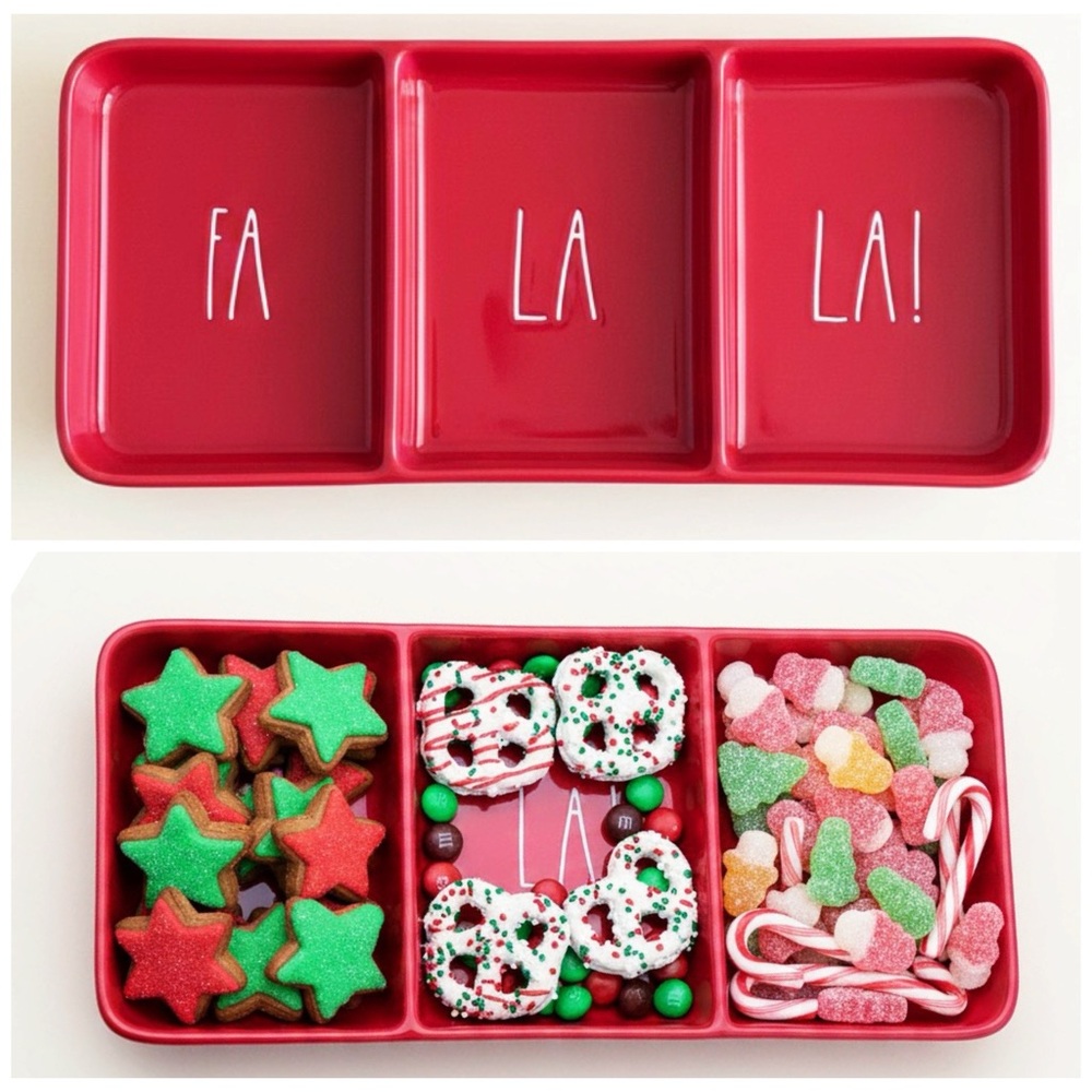 Rae Dunn FA LA LA Red 3-Section Holiday Serving Tray Christmas Dinner Party